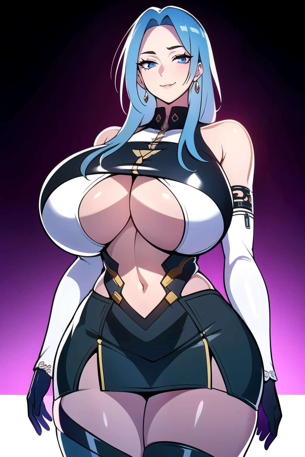 ultra realistic 8k cg, masterpiece, ((ultra detailed background, intricate detail, highly detailed, fine details best quality, hyperdetailed face)), gigantic breasts ,beautiful lighting, absurdres, BoaHancockV2, 1girl, solo, (light blue hair), long hair, jewelry, closed mouth, ), ((black crop top : 1.1), (underboob : 1.4), elbow gloves, thigh boots, split skirt, bare shoulders, curvy, midriff, curvy, thighs, shiny clothes), blue eyes, complex detailed background, inside, luxury palace), ((cowboy shot)), curvy, (gigantic breasts: 1.1), seductive smile, cowboy shot,