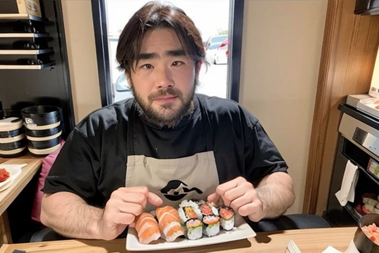 Sushi Shop, (Eat sushi), 30Year old man, black eye,