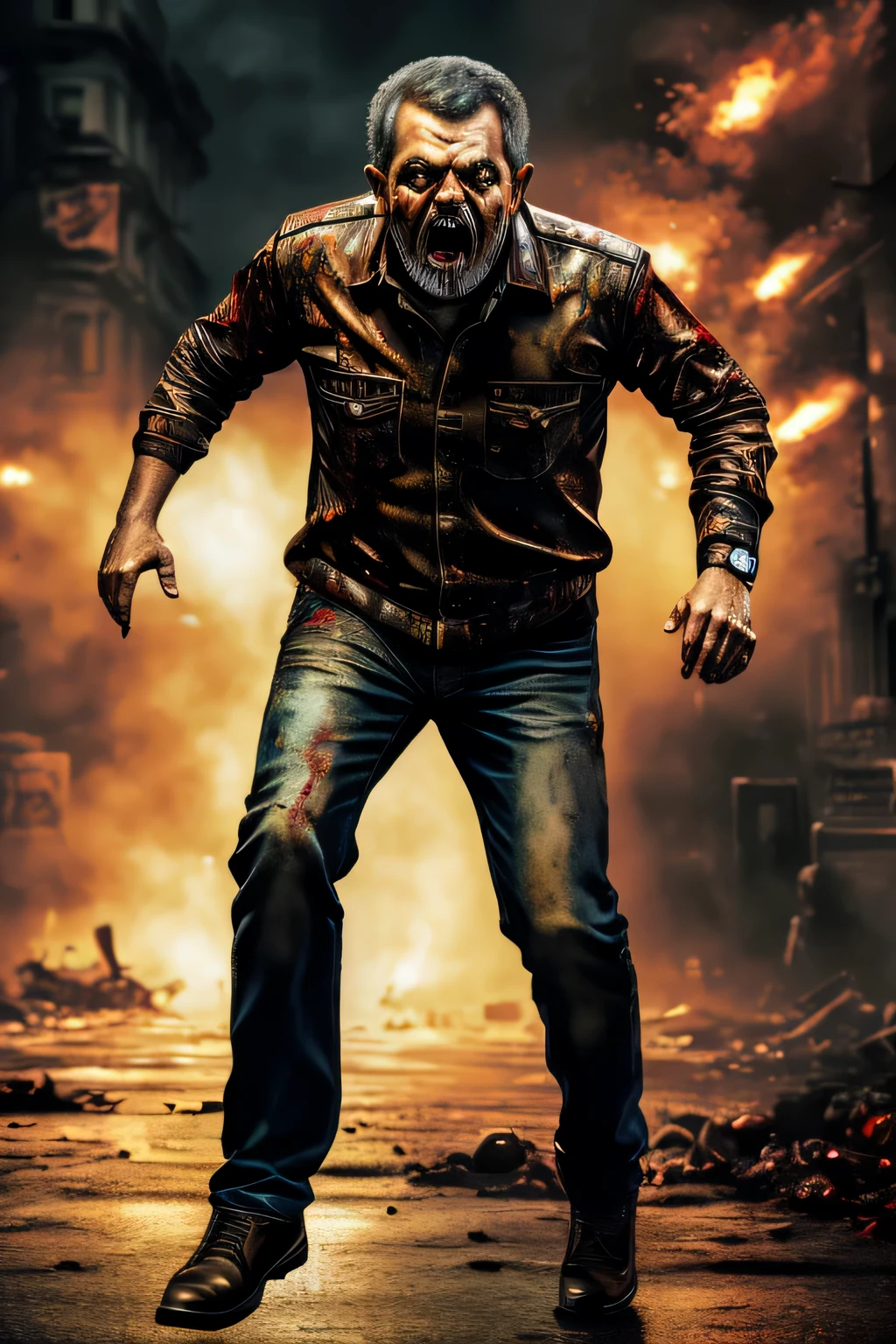 (best quality,highres,ultra-detailed,masterpiece:1.2),realistic,zombies chasing President Lula,desperate expression,fearful face,zombies in pursuit,detailed background,action-packed,horror,nighttime scene,dramatic lighting,colorful atmosphere,President Lula running for his life,crowded chaotic streets