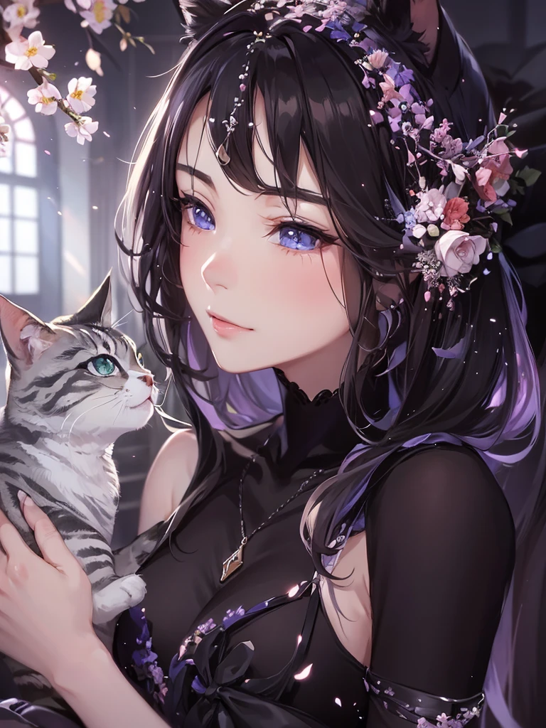 Anime girl with a cat and cherry blossoms in her hair, anime art wallpaper 4k, anime art wallpaper 4k, Anime style 4 k, anime art wallpaper 8k, digital anime art, beautiful anime portrait, Highly detailed 4k digital art, [ 4k digital art ]!!, very beautiful cute cat girl, Anime style. 8 k, anime wallpaper 4k