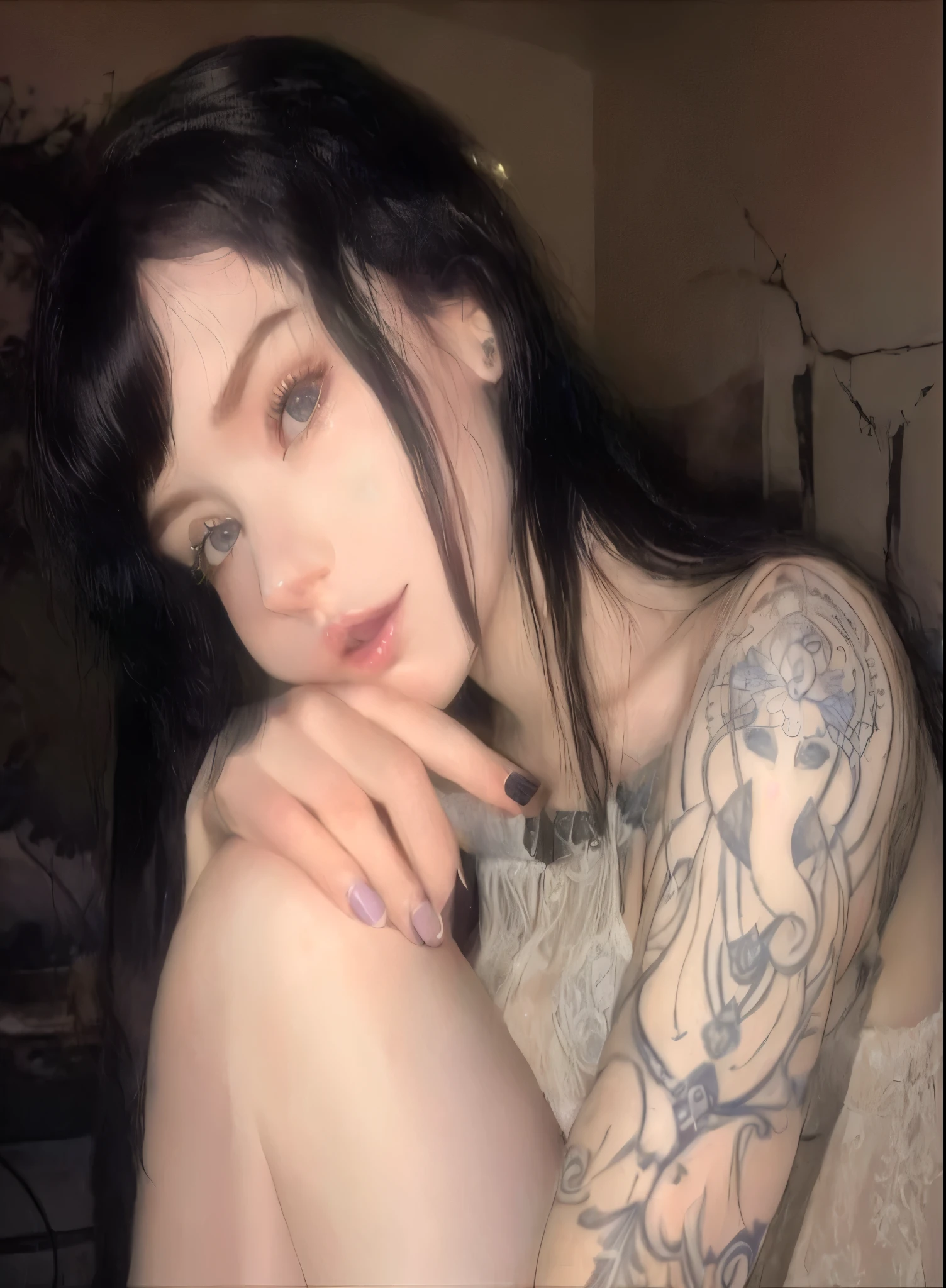 Mujer arafed con un tatuaje en el brazo y un cuchillo., pale and light skin!!, pale gothic beauty, with pale skin, ella parece una mezcla de grimes, very very very pale white skin, very very pale white skin, very pale skin, very pale white skin, very very very pale skin, con tatuajes, pale white skin, extremely pale white skin