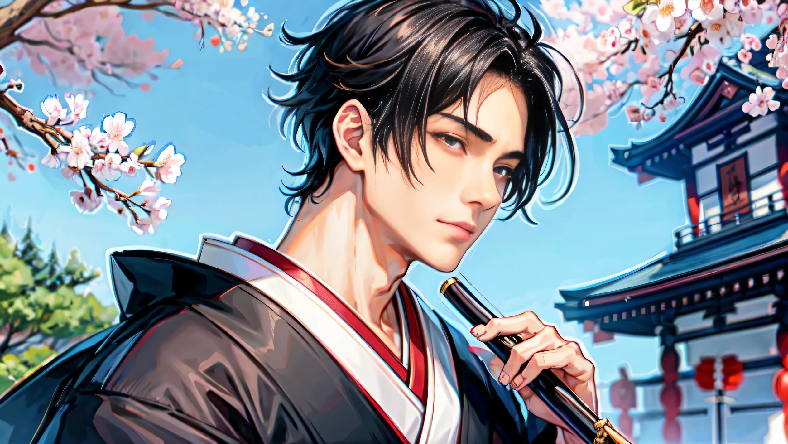 1 boy,black hair,(masterpiece,highest quality:1.4),(sketch:1.2),(Japanese style:1.4),Handsome guy,cherry blossoms,samurai,trendy