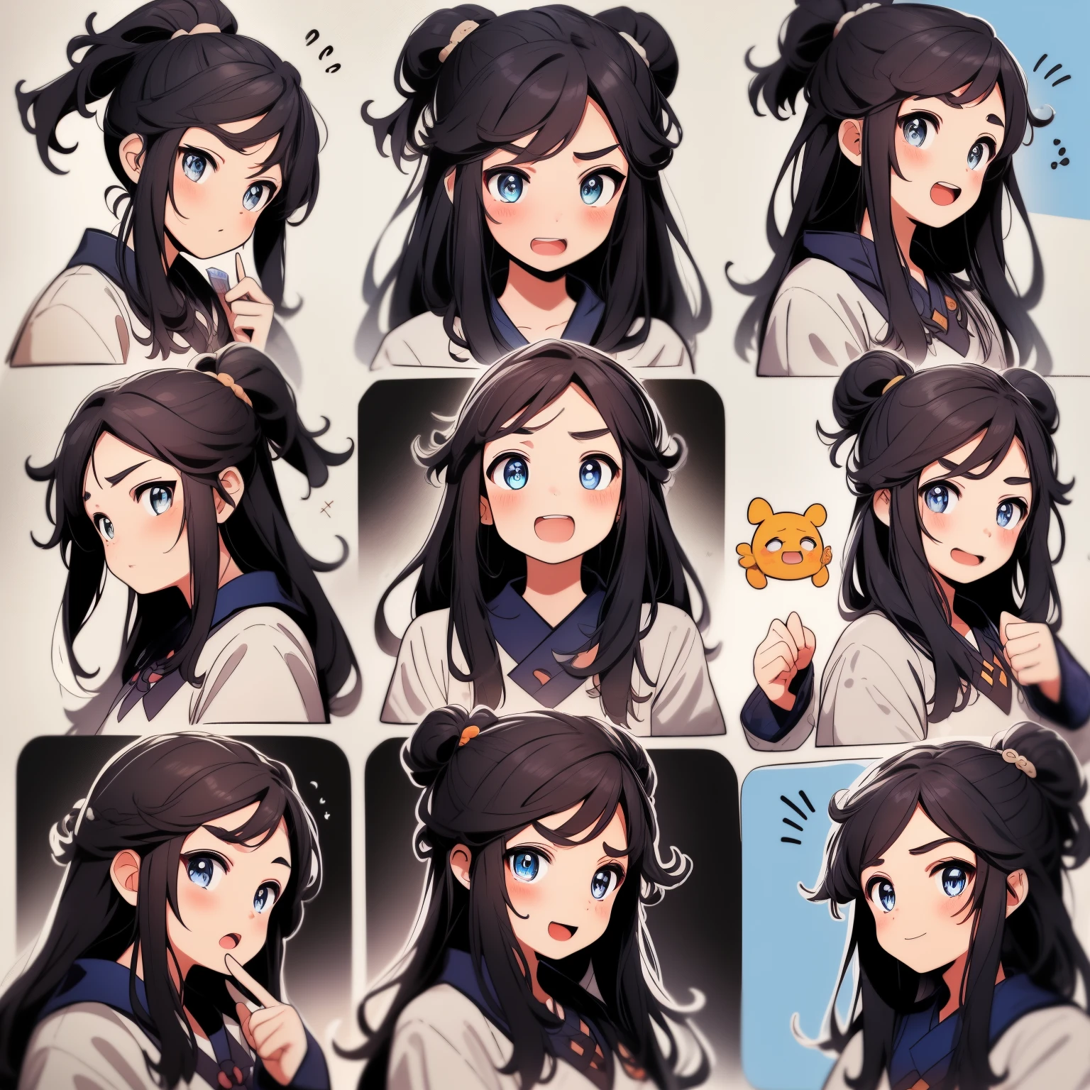 1 cute chinese girl,9 squares,9 emoji packs,9 poses and expressions,hanfu,black strokes,Different emotions,8K