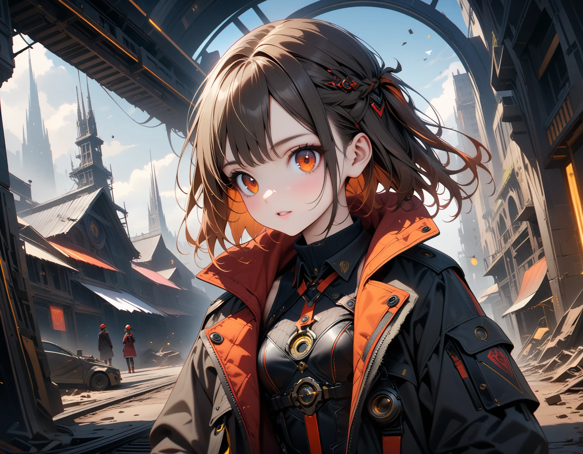 random picture, sophisticated technology, science magic, ((masterpiece, best quality, ultra-detailed, an extremely delicate and beautiful)), ((extremely detailed CG unity 8k wallpaper)), ((award winning, ccurate, UHD, textured skin, chromatic aberration, perfect anatomy, golden ratio)), (concept art), ((((Post-apocalyptic fiction)))), 1 young girl, intermission, (small breasts, short body), young sister taste, chocolate half up hair, amber eyes, wearing coat, intermission, exquisite attention to detail, ((perfect_composition, perfect_design, perfect_layout, perfect_detail, ultra_detailed)), ((aesthetic harmony))