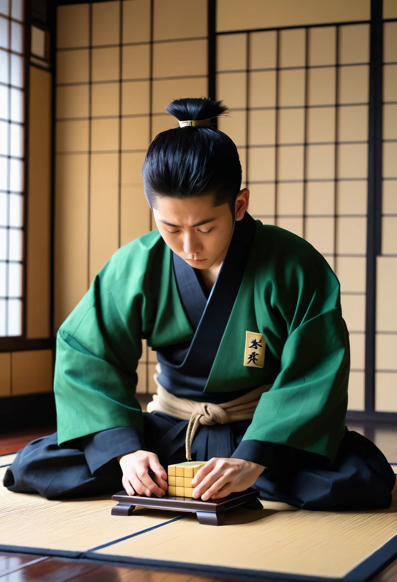 Nara Shikamaru, 1boy, Solo, deadpan, bored, Sitting in front of a desk, crass room, Sunlight, traditional Japanese room、Tatami mats、Outside the window, Clouds in the blue sky、Green vest over black shirt、(8K、Raw photography、top-quality、masterpiece:1.2)、(realisitic、Photorealsitic:1.37)、ultra-detailliert、Playing shogi、Japan Shogi、tall_Shogi_piece_to stand