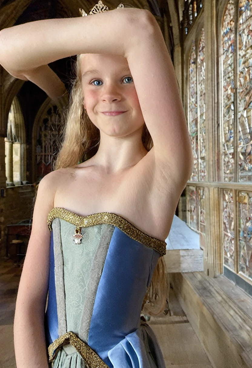 Phone photo, natural look of  girl, wearing medieval strapless french dress, arms behind head, armpits, natural light,  blue eyes, light blonde hair, arms up, sweaty, at castle main hall, crown, detailed face, detailed armpits, posted at snapchat in 2019, super cute face