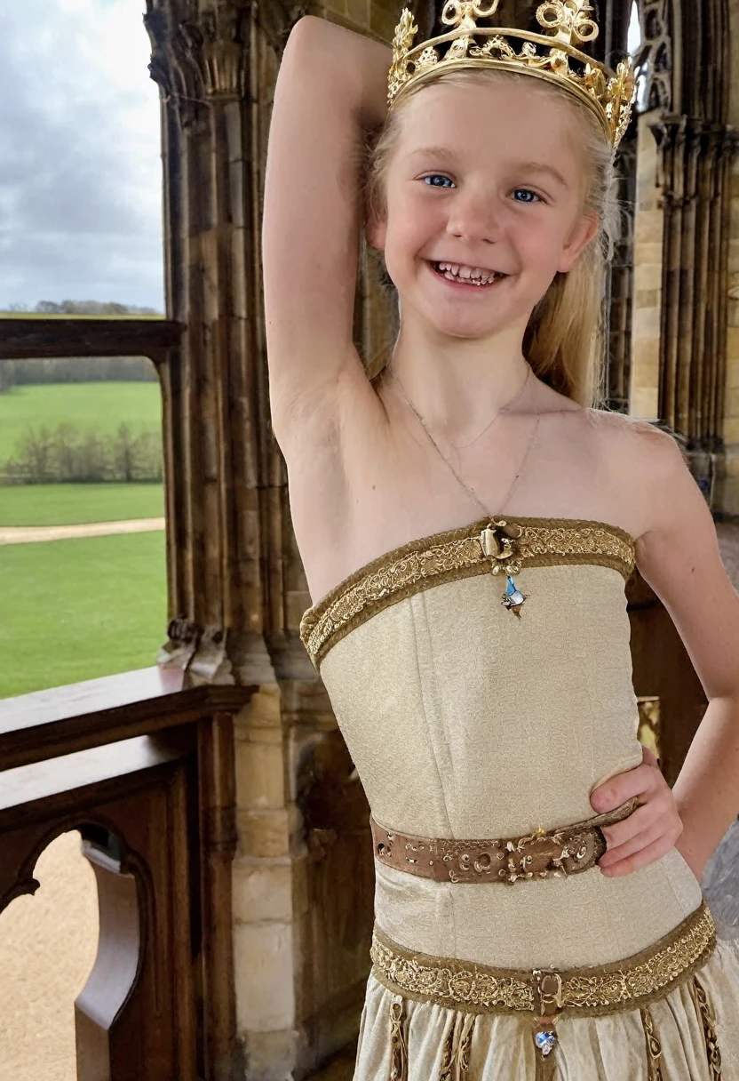 Phone photo, natural look of 5th grade girl, wearing medieval strapless french dress, arms behind head, armpits, natural light,  blue eyes, light blonde hair, arms up, sweaty, at castle main hall, crown, detailed face, detailed armpits, posted at snapchat in 2019, super cute face