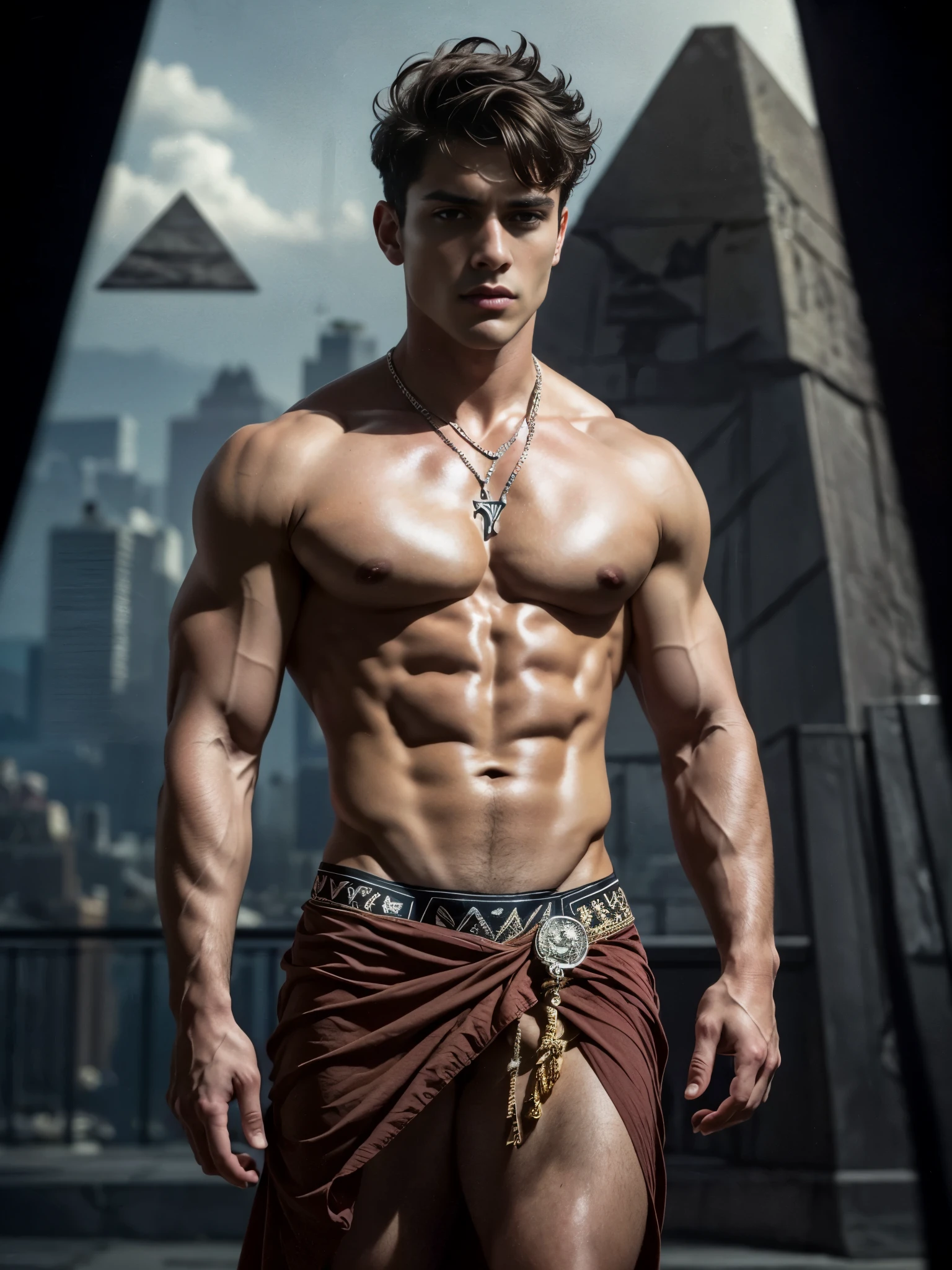 Photorealistic, twins, ((best quality)), ((masterpiece)), (detailed),masculine portrait of young aztec god prince, 18-year-old male models, handsome, tall, cute looking, evil look, dark look, powerful, young male, handsome model, clean shave, silver eyes. (short curly messy brown hair:1.2), messy curly hair, super strong, muscular, fit, massive muscles, six pack, shirtless, barechested, muscle, ripped, strong body, fit body, aztec neckless, (aztec draped cloth skirt), aztec garment, aztec pyramid in the background, (Dark background:1.2) (aztec pyramid:1.4), 8k, high detailed, ultra-detailed, Stylish Pose, real skin texture, dark cinematic lighting,