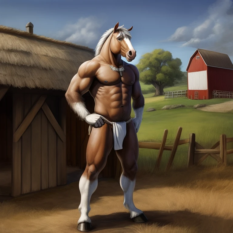 Furry, Antro, Equine, loincloth, hooves, medieval, Brown, White, Solo, horse, fundoshi white, bulto macho, farm, Fundoshi, silver