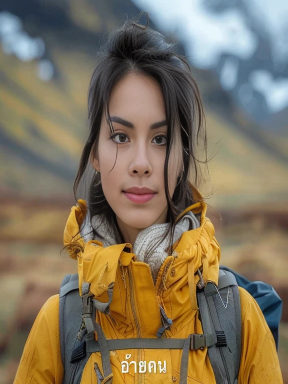 There was a woman carrying a backpack on the mountain., Niwan Chandra, Thiti Luatthong, beautiful himalayan woman, 🚿🗝📝, asian face, The mountain looks like a woman., Himalayan girl, Female explorer Mini, cute , beautiful Himalayan girl, asian woman, Hiking clothing, with yellow cloth