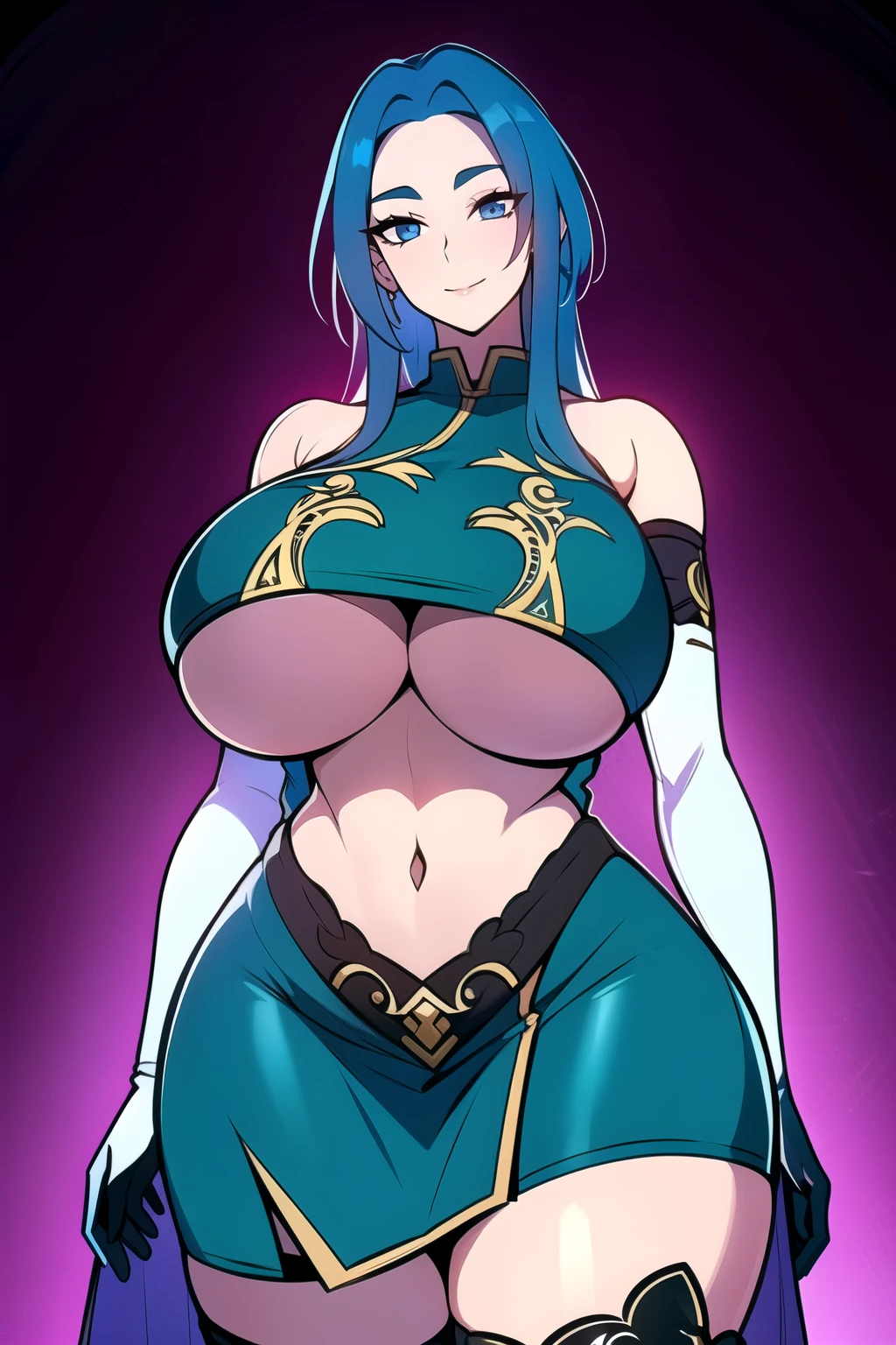 ultra realistic 8k cg, masterpiece, (( intricate detail, highly detailed, fine details best quality, hyperdetailed face)), gigantic breasts ,beautiful lighting, absurdres, BoaHancockV2, 1girl, solo, ( light blue hair), long hair, jewelry, closed mouth, ), (chinese dress, (underboob : 1.4), elbow gloves, thigh boots, split skirt, bare shoulders, curvy, midriff, curvy, thighs, shiny clothes), blue eyes, (complex detailed background, inside, luxury palace), ((cowboy shot)), curvy, (gigantic breasts: 1.1), seductive smile, cowboy shot,