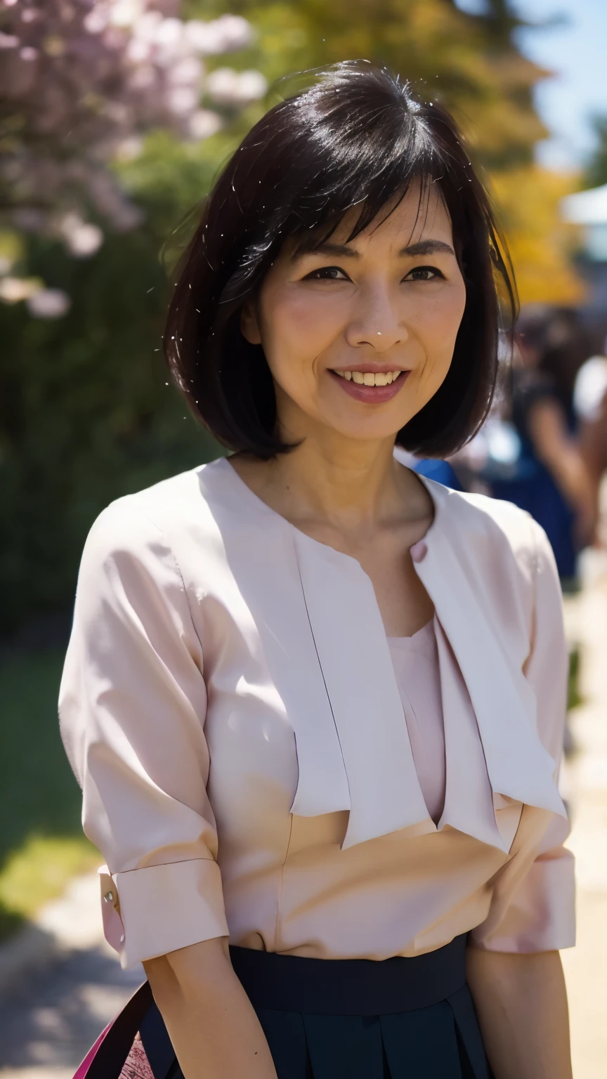 ((Top Quality)), ((8K)), ((Masterpiece: 1.3)), (Perfect Appearance), (Photorealism: 1.6), (Japanese woman walking in the precincts of a shrine), (A shrine where cherry blossoms bloom), japanese woman, (60 years old), raise the corners of your mouth and smile, The gaze is looking diagonally upward to the right., short hairstyle, soft fabric blouse, wide sleeves, Cuffs that fit your wrist, (The hem of the blouse is tucked into the skirt: 1.6), flare skirt, (whole bod: 1.6), low angle