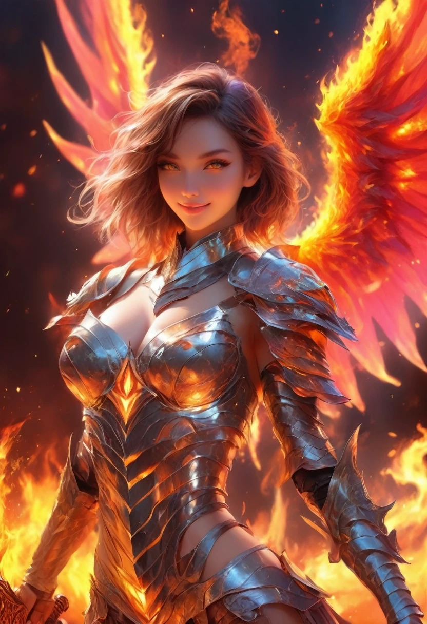 1 sexy girl, with dragon wings, vibrant eyes, smiling slightly, shiny armor, sword in hand, neon eyes, flames around, fire element around, sexy body, armor on her body.