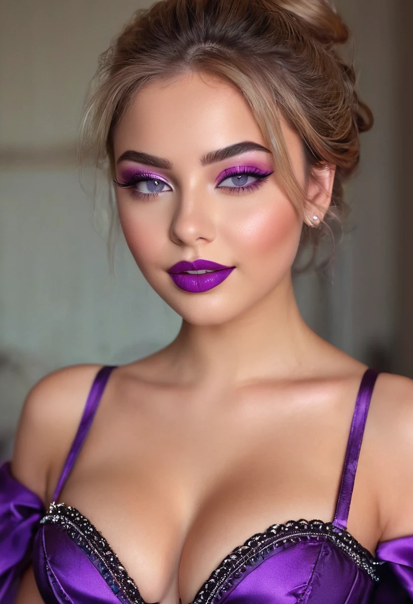 (best quality,ultra-detailed,photorealistic:1.37),vivid colors, professional, beautiful detailed eyes, beautiful detailed lips, extremely detailed eyes and face, long eyelashes, attractive, confident attitude, charming smile, flawless skin, radiant complexion, trendy hairstyle, delicate features, gorgeous appearance, natural-looking makeup, Nail polish with bright colors, wavy hair, plump lips, great body proportions, perfectly shaped eyebrows, daintily contoured cheeks ,powder-purple eyeshadow, striking cat-eye eyeliner, satin finish lipstick, sexy expressions, playful poses, age, energetic, sleek-and-sexy outfit, high heels, exquisite details in every outfit, prominent presence on in bedroom, flashing camera lights, fast-paced excitement, stylish accessories, glamorous event, joyful atmosphere, ring of authenticity, high energy and adrenaline, emphasized curves, dynamic composition, thrilling atmosphere, electric atmosphere, tight corset like clothing, exposed hard detailed nipples, teen