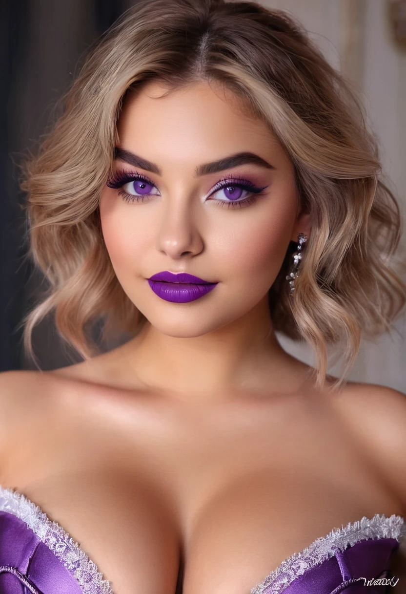 (best quality,ultra-detailed,photorealistic:1.37),vivid colors, professional, beautiful detailed eyes, beautiful detailed lips, extremely detailed eyes and face, long eyelashes, attractive, confident attitude, charming smile, flawless skin, radiant complexion, trendy hairstyle, delicate features, gorgeous appearance, natural-looking makeup, Nail polish with bright colors, wavy hair, plump lips, great body proportions, perfectly shaped eyebrows, daintily contoured cheeks ,powder-purple eyeshadow, striking cat-eye eyeliner, satin finish lipstick, sexy expressions, playful poses, age, energetic, sleek-and-sexy outfit, high heels, exquisite details in every outfit, prominent presence on in bedroom, flashing camera lights, fast-paced excitement, stylish accessories, glamorous event, joyful atmosphere, ring of authenticity, high energy and adrenaline, emphasized curves, dynamic composition, thrilling atmosphere, electric atmosphere, tight corset like clothing, exposed hard detailed nipples, teen