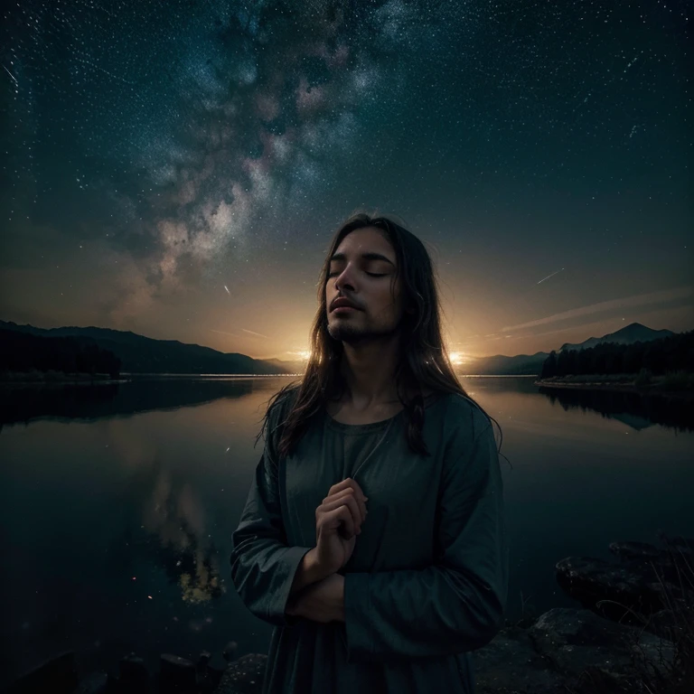 (best quality,highres),(realistic:1.37),detailed Jesus with closed eyes,nighttime background,starry sky,landscape,masterpiece:1.2,memories of Jesus,star of Bethlehem,peaceful atmosphere,vivid colors,spiritual theme,dark tones,nighttime ambiance,dim lighting,serene mood,memorable scene,religious art,painting-like rendering of Jesus' face,landscape with depth,peace and tranquility,reflection and contemplation,pastoral setting,closed eyes in deep thought,memories from the past,nighttime serenity,beautifully composed scene