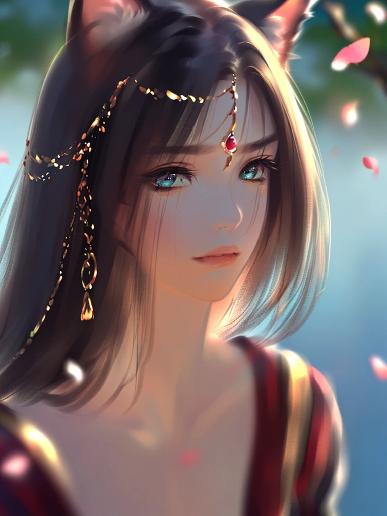 very good illustration, High detail, dynamic angle, beautiful detailing,2D, (Best quality, masterpiece, Beauty, tenderness), anime, Highly detailed face, very detailed eyes, very detailed background, perfect lighting, whole body, 1 girl, One, (Very detailed cat ears), (Very detailed ears behind the hair)? sakura, Sakura Branches \(sakura flowers\), Pink dress, green eyes, Finely detailed eyes, ears covered with hair, cherry tree, cherry petals