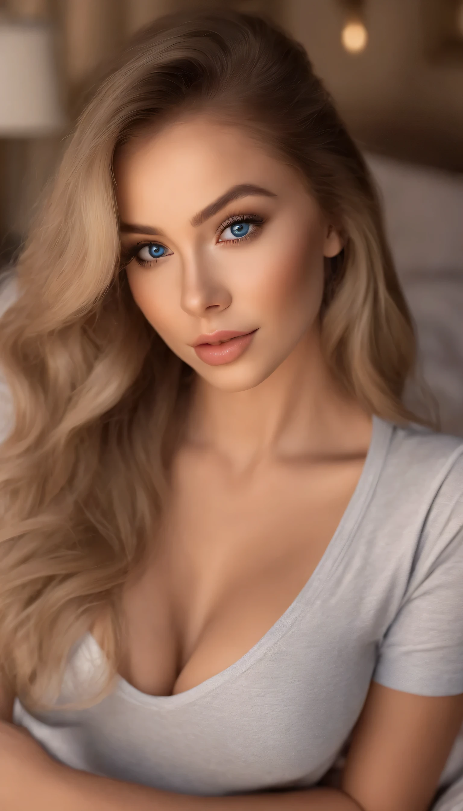 Arafed Woman in full , sexy girl with blue eyes, ultra realistic, carefully detailed, Portrait of Sophie Mudd, blonde hair and big eyes, selfie of a young woman, eyes in the bedroom, Violet Myers, No makeup, natural makeup, looking straight into the camera, how to deceive an artgram, subtle makeup, Stunning full length photo kneeling on the bed, in the bedroom, medium to large breast size; ; ;Naked