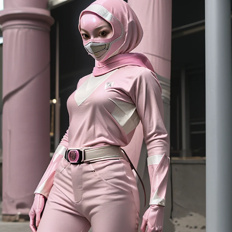 1girl.20 years old.hijab.pink ranger.open mask fight style