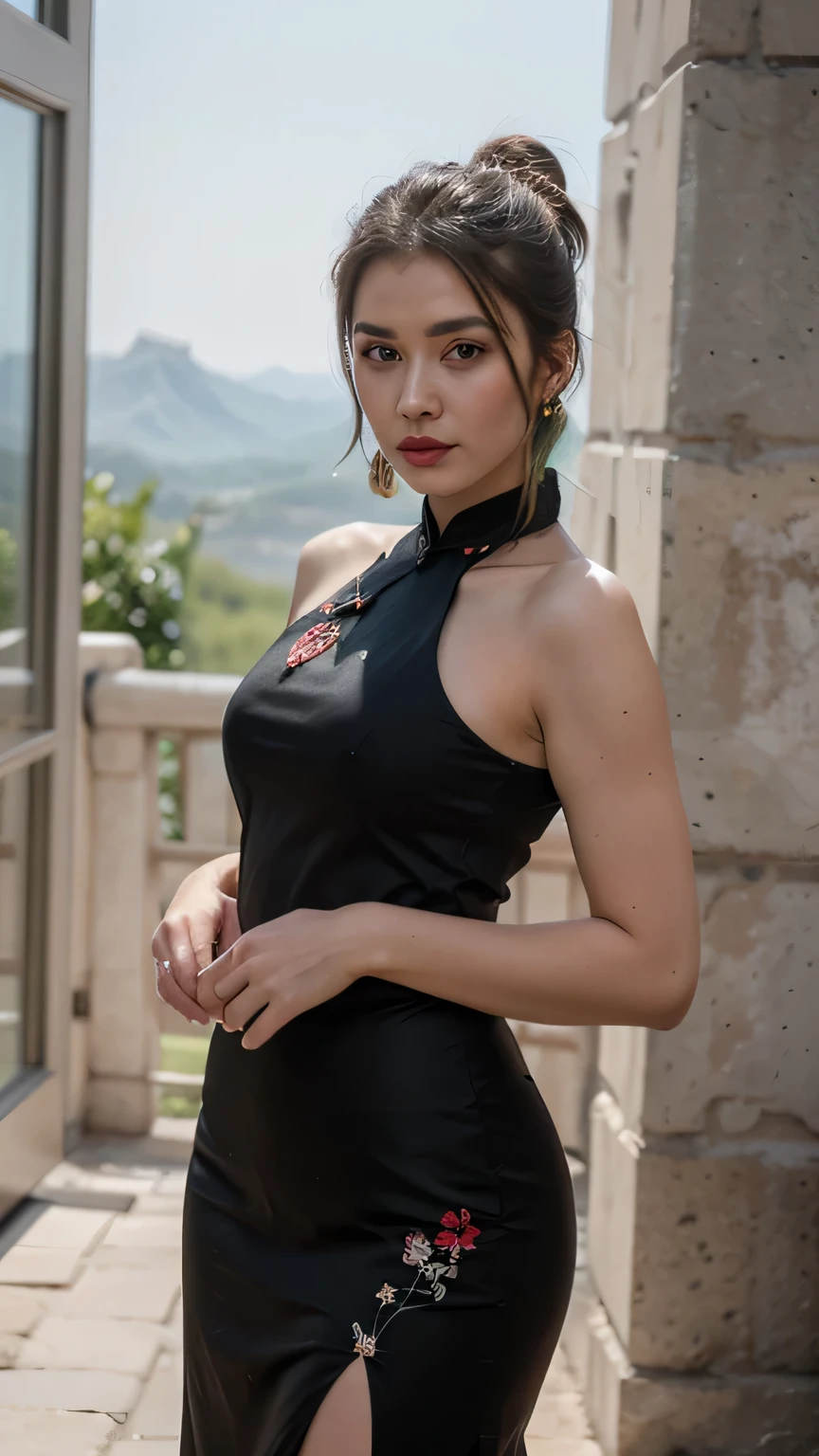 1girls, Nur, green Hair , 24 years old , Black qipao: A classic and stylish choice.
Simple embroidery: For a more modern and simple look.
Pearl earrings: An elegant and traditional accessory.
High heels:
Messy bun: A comfortable and elegant hairstyle.
Natural make-up: Shades that will not overshadow the beauty of Qipao., Clutch bag, red lipstick, pose in front of the Great Wall of China, Best Quality, 8K, Masterpiece:1.3)), Focus: 1.2, Perfect Body Beauty: 1.4, Hips: 1.2, , High Detail Facial and Skin Texture, Thin Eyes, Double Eyelids