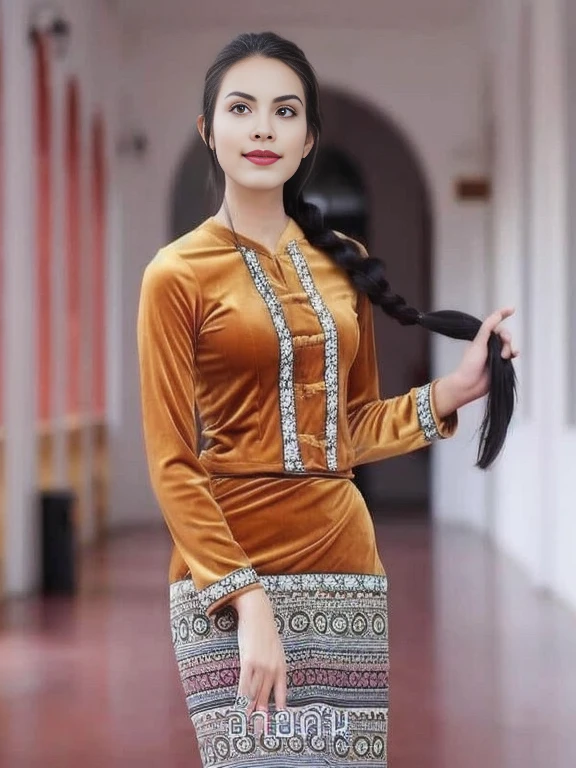 Close-up of a woman in a dress standing in a hallway., Sukhothai set, Wear a luxurious tribal outfit., traditional outfit, Wear elegant clothes, Tailoring a suit according to tradition, traditional clothing, traditional beauty, In Lammanh style, traditional clothing, Ao Dai, very ornate, traditional clothing, female model, Niwan Chandra