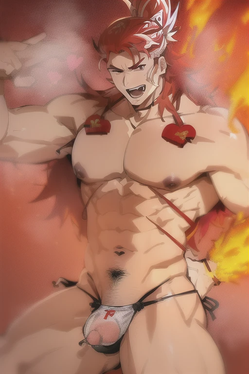 wilnas, granblue fantasy, (masterpiece:1.5), (best quality:1.5), (high quality:1.5), (solo:1.27), (muscular male:1.27), (bara:1.27), satisfaction, happy, pleasure, (dynamic angle:1.21),(dynamic hair:1.27),(detailed pupils:1.21),looking at viewer, (dynamic pose:1.15), (beautiful detailed hands:1.21), illustration, (cinematic light:1.15), ultra detailed, (disheveled hair:1.34), (big bulge:1.4), (large pectorals:1.3), pectoral cleavage, sidepec, (abs:1.3), (thighs:1.3), (bulky:1.2), novel_illustration, anime_screencap, (valentine:1.4), (apron:1.3), cooking flaming, chocolate, (micro fundoshi:1.5), flaming sword, explosion, male focus, fire, fiery wings, fiery hair, flame, pyrokinesis, breathing fire