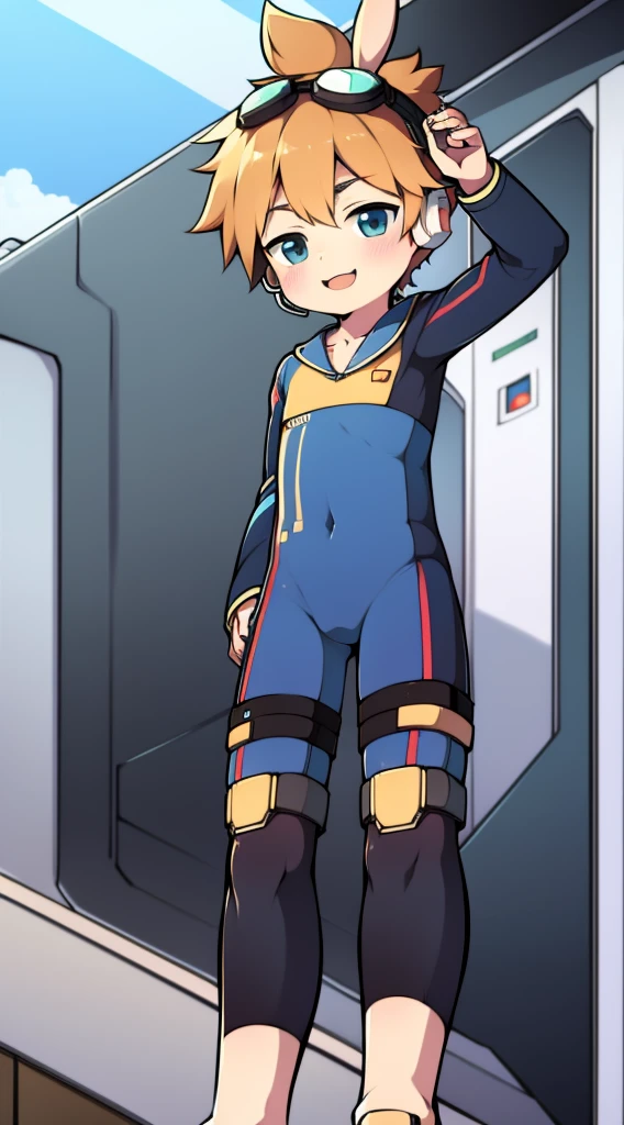 2D Boy Shota，One-piece mountaineering suit，Slim, healthy body，Put the headphones on your head，stand up，goggles，Rabbit ears，happy，sailor collar