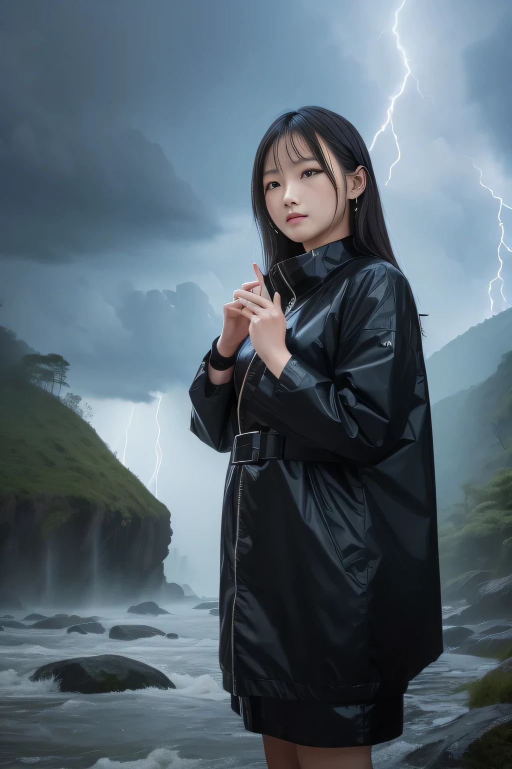 (Great masterpiece、high-level image quality、hightquality)、(A Japanese Lady、Young and cute、24 year old)、(Extreme weather、Thunderclap and lightning、very heavy rain、gale)、Despressing、murky、Earth cataclysms、thunder 