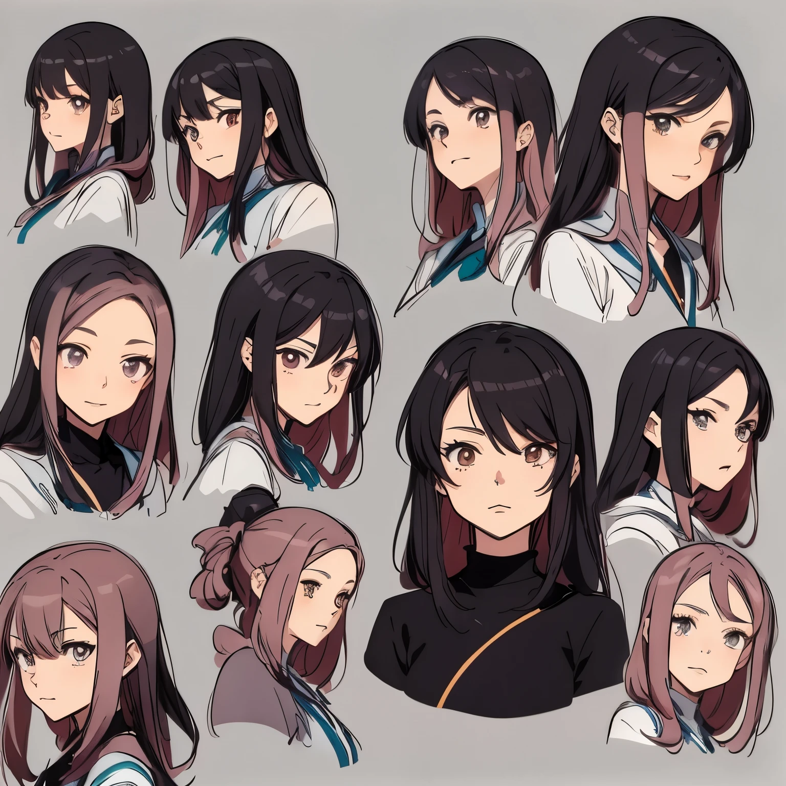 anime character sheet of a woman with different facial expression, different expressions, anime style, various postures, 微妙的anime style, 扁平化anime style底纹, Cute and natural anime face, expression, anime style, Animation character design, Anime Concept Art, facial expression, slightly happy expression, anime style, anime style人物, 半写实anime style, anime art style