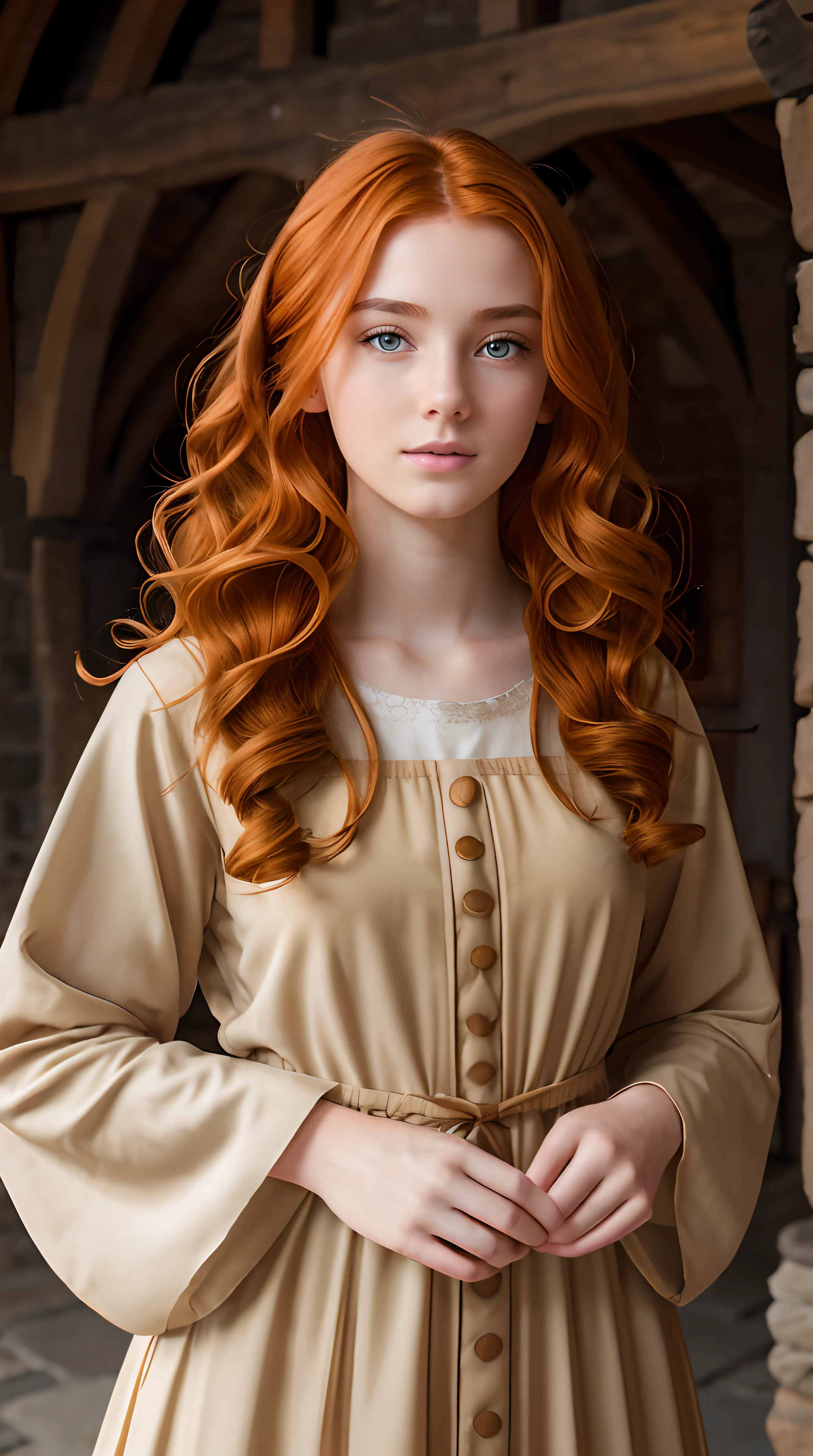 RAW photo, Girl 20 years old, Waist-length image in the center of the composition, pretty, Modest, Embarrassed, imperfectly detailed face, ((ginger wavy tousled hair)), Modest (early medieval dress) with long, wide, spacious straight sleeves, in a medieval castle, blurred background, 8K UHD, dim lighting, hiquality, Film grain, Fujifilm XT3