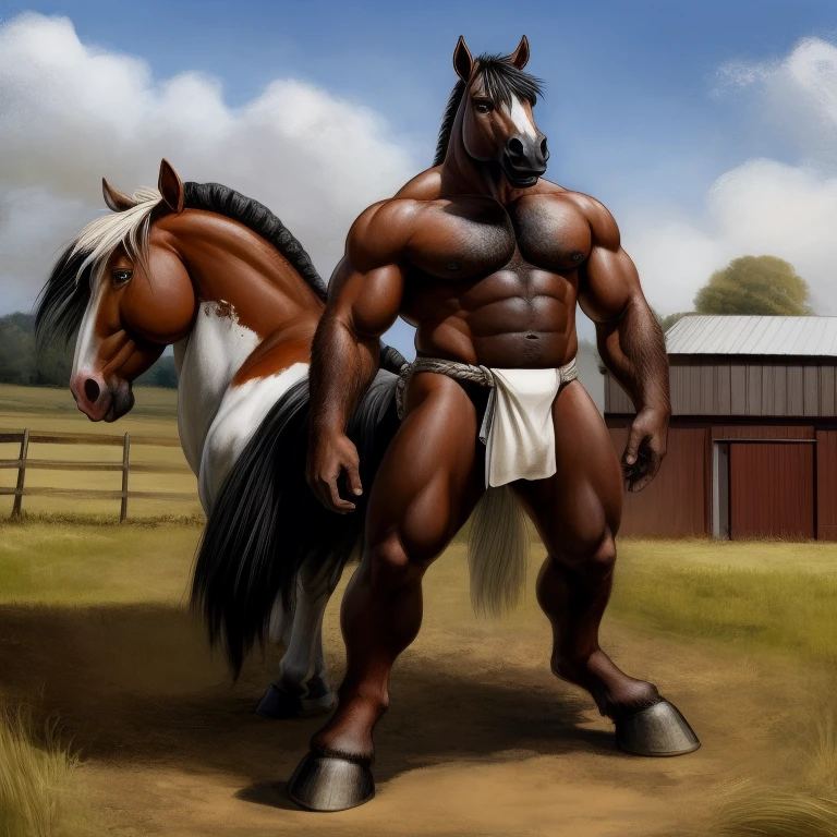 Furry, Antro, Equine, loincloth, hooves, Black, White, Solo, horse, fundoshi white, bulto macho, farm, Fundoshi, detallado, sentado