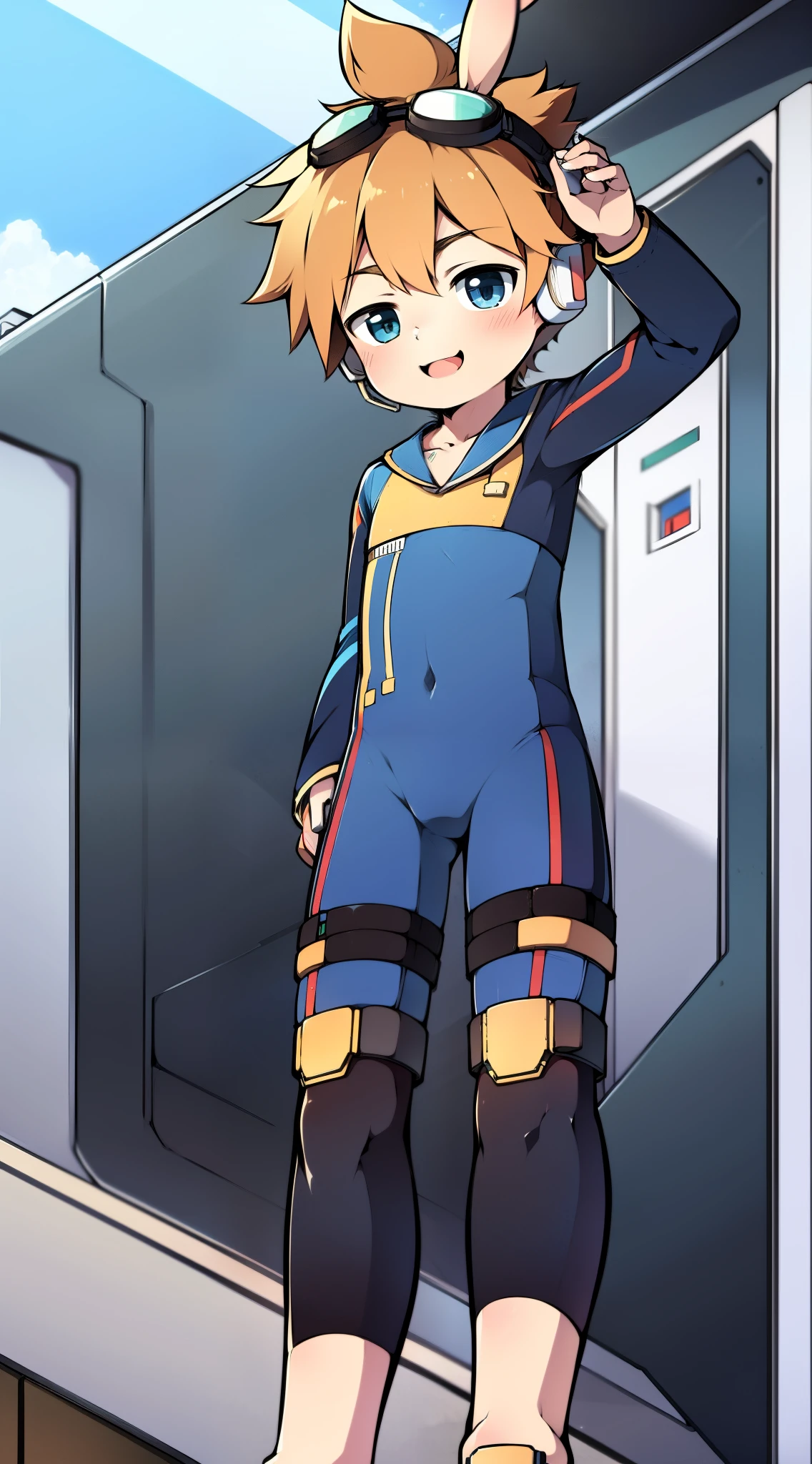 2D Boy Shota,One-piece mountaineering suit,Slim, healthy body,Put the headphones on your head,stand up,goggles,Rabbit ears,happy,sailor collar