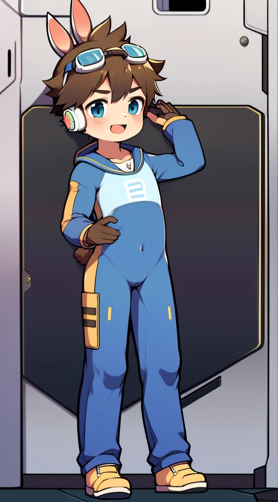 2D Boy Shota,One-piece mountaineering suit,Slim, healthy body,Put the headphones on your head,stand up,goggles,Rabbit ears,happy,sailor collar