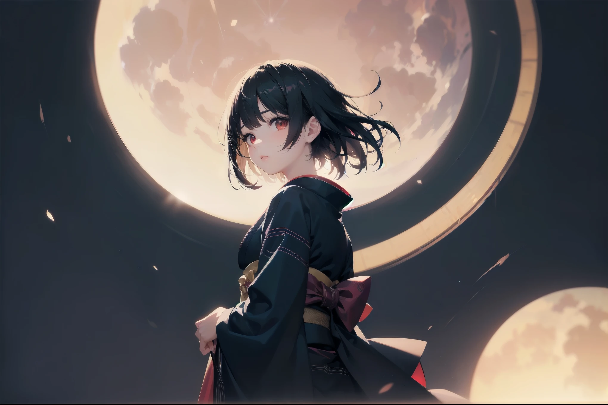 Dynamic angle, Perspective, (Backlight, Dark:1.5), Illustration, Top quality, Masterpiece, High resolution, Very delicate and beautiful, Very detailed wallpaper, Original, 1girl, Lolita, White skin, Short hair, Dark hair, Dull fringe, Fine eyes, Red eyes, (Black kimono:1.2), Japanese, Moon beauty, Cute

