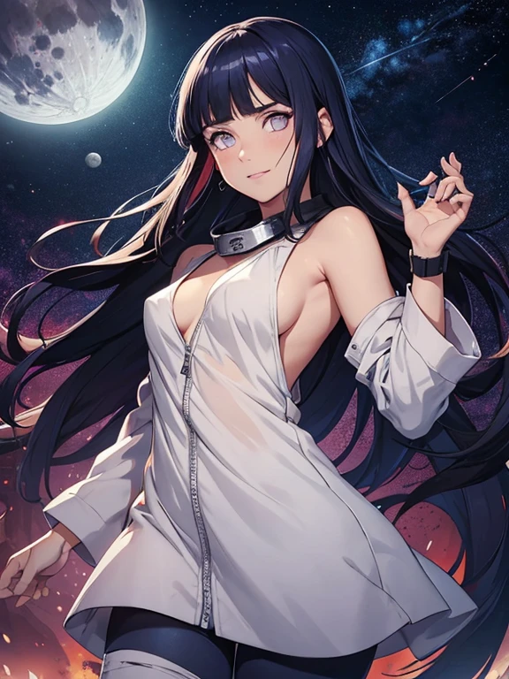 parte maestra, alto, alto quality, cara detallada, cuerpo detallado, cuerpo completo, Cuerpo delgado, desnudo, 1 chica, solo, hinata hyuuga, pelo azul, ojos blancos, desnudo shoulders, pechos grandes, collar, pulsera, adorno para el pelo, de pie, feliz, se sonroja, manos en el propio pecho, noche, espacio, nebulosa, Luna y estrellas, galaxia,