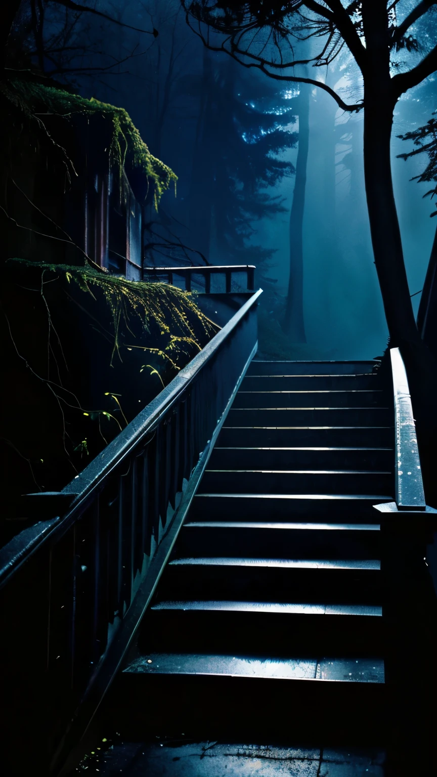 (a heart-pounding, immersive, thrilling, horror:1.2),blurry, dark forest,moody lighting,ominous whispers,haunting atmosphere,gloomy shadows,twisted trees,unsettling silence,evocative mist,mysterious figure,running through dense fog,feeling of being chased,nervous glances over my shoulder,fear and adrenaline rush,my heart pounding in my ears,mystery and suspense,spiraling staircase leading to nowhere,whispers growing louder and closer,echoing in the empty air,shredded pieces of torn fabric hanging from the branches,primal fear gripping my soul,feeling of being watched from the shadows,dread and anticipation building up,heart-racing, pulse-pounding escape.