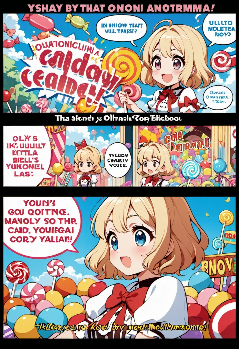 (best quality, highres, ultra sharp), Candy Candy by Toei Animation, detailed art style, vintage aesthetic, emotional melodrama, inspired by Keiko Nagita and Yumiko Igarashi's original manga, in candyland, blond, txt that says "candy - candy " ,