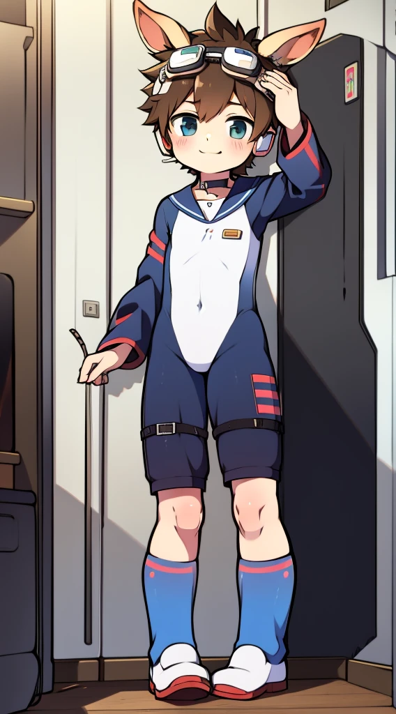2D Boy Shota，One-piece mountaineering suit，Slim, healthy body，Put the headphones on your head，stand up，goggles，Rabbit ears，happy，sailor collar