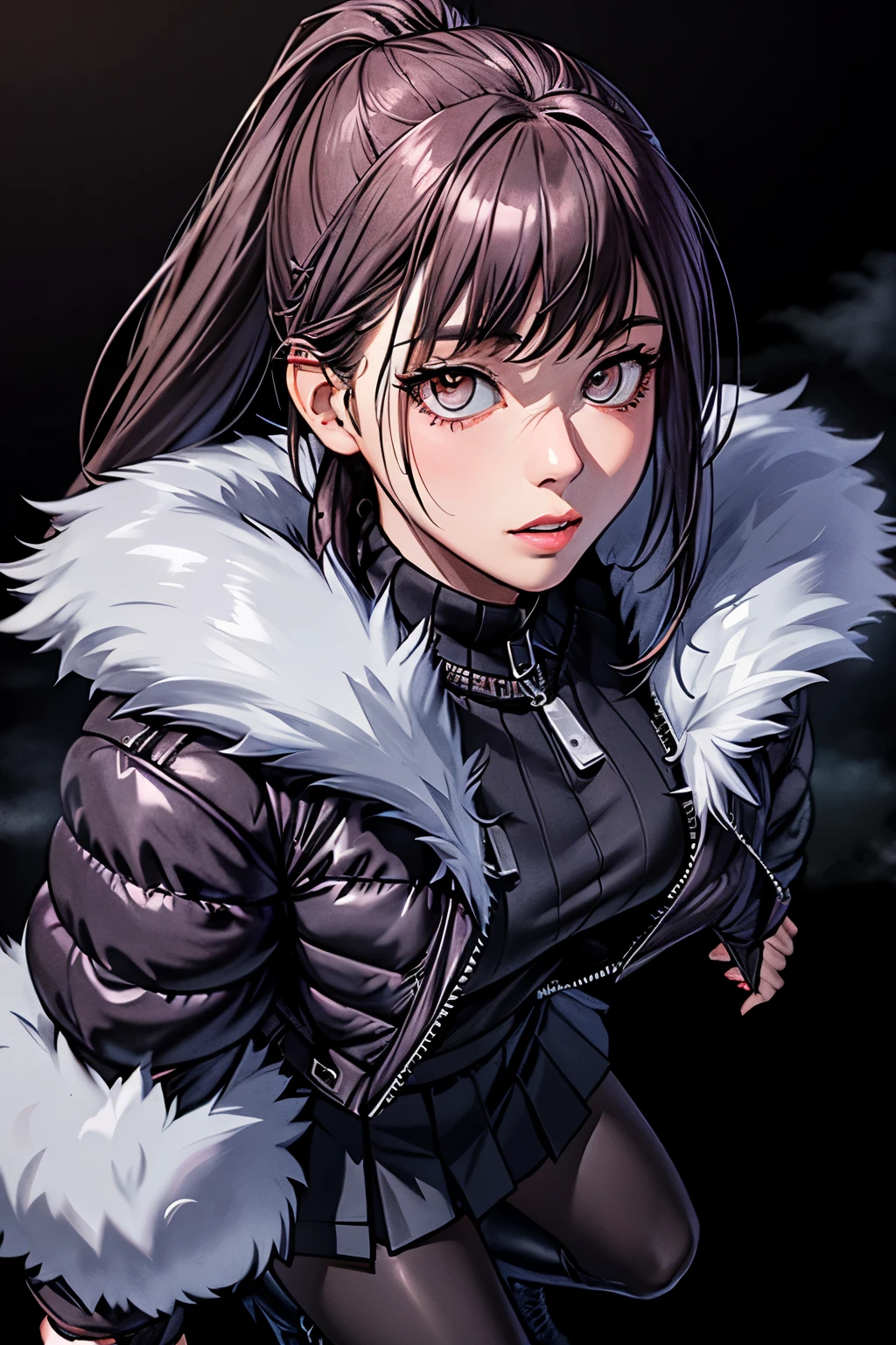 a woman, leggings, pleated skirt, sports top, high ponytail, high boots, long fur jacket, on a foggy moonlit night in a ghost town, detailed face, hyper detailed eye's, detailed lips, , with a metal chainned-colar in the neck, lineart