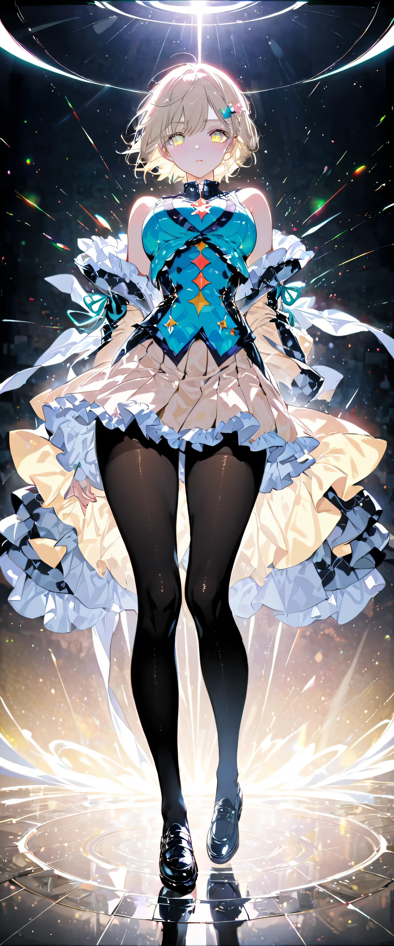 (full body:1.5),(1 girl:1.3),(looking at the viewer:1.4),(correct anatomy:1.3),(Wearing a Paradise style suit JK uniform printed super short pleated skirt and JK uniform leather shoes with ribbon decoration ,Thick Print Lolita Pantyhose :1.35), (light particle effect:1.3),(in pink | yellow | blue color| green |red color | white color| black in color| purplish color| grey| beige| skin color 1.4),(shining eyes:1.3),(Large amplitude operation: 1.3),(accurate and perfect face:1.4),(luster of clothes:1.25),(skin reflection:1.25),hyper hd, ray tracing, reflected light,structurally correct, Award-winning, expensivedetails, contrast of light and dark, face lighting,cinematic lighting, master piece, super detail, expensive、expensive quality, expensivedetails, best quality person, 16k,high contrast,