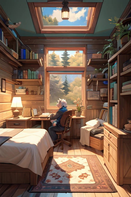 Horkeu Kamui, in bedroom, log cabin, green walls, bookshelves, terrariums, maps on wall, soft colors, vivid colors, pastel colors, soft shading, dimly lit