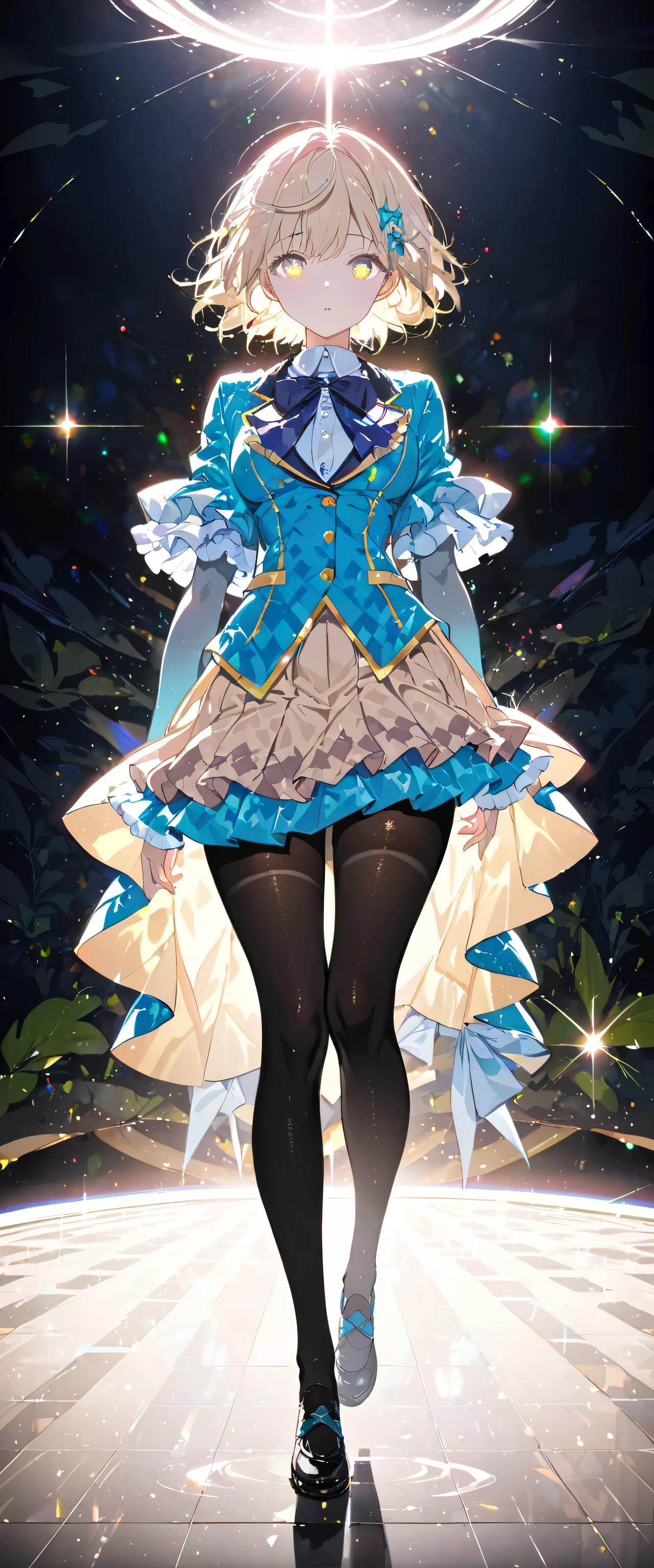 (full body:1.5),(1 girl:1.3),(looking at the viewer:1.4),(correct anatomy:1.3),(Wearing a Paradise style suit JK uniform printed super short pleated skirt and JK uniform leather shoes with ribbon decoration ,Thick Print ta Pantyhose :1.35), (light particle effect:1.3),(in pink | yellow | blue color| green |red color | white color| black in color| purplish color| grey| beige| skin color 1.4),(shining eyes:1.3),(Large amplitude operation: 1.3),(accurate and perfect face:1.4),(luster of clothes:1.25),(skin reflection:1.25),hyper hd, ray tracing, reflected light,structurally correct, Award-winning, expensivedetails, contrast of light and dark, face lighting,cinematic lighting, master piece, super detail, expensive、expensive quality, expensivedetails, best quality person, 16k,high contrast,
