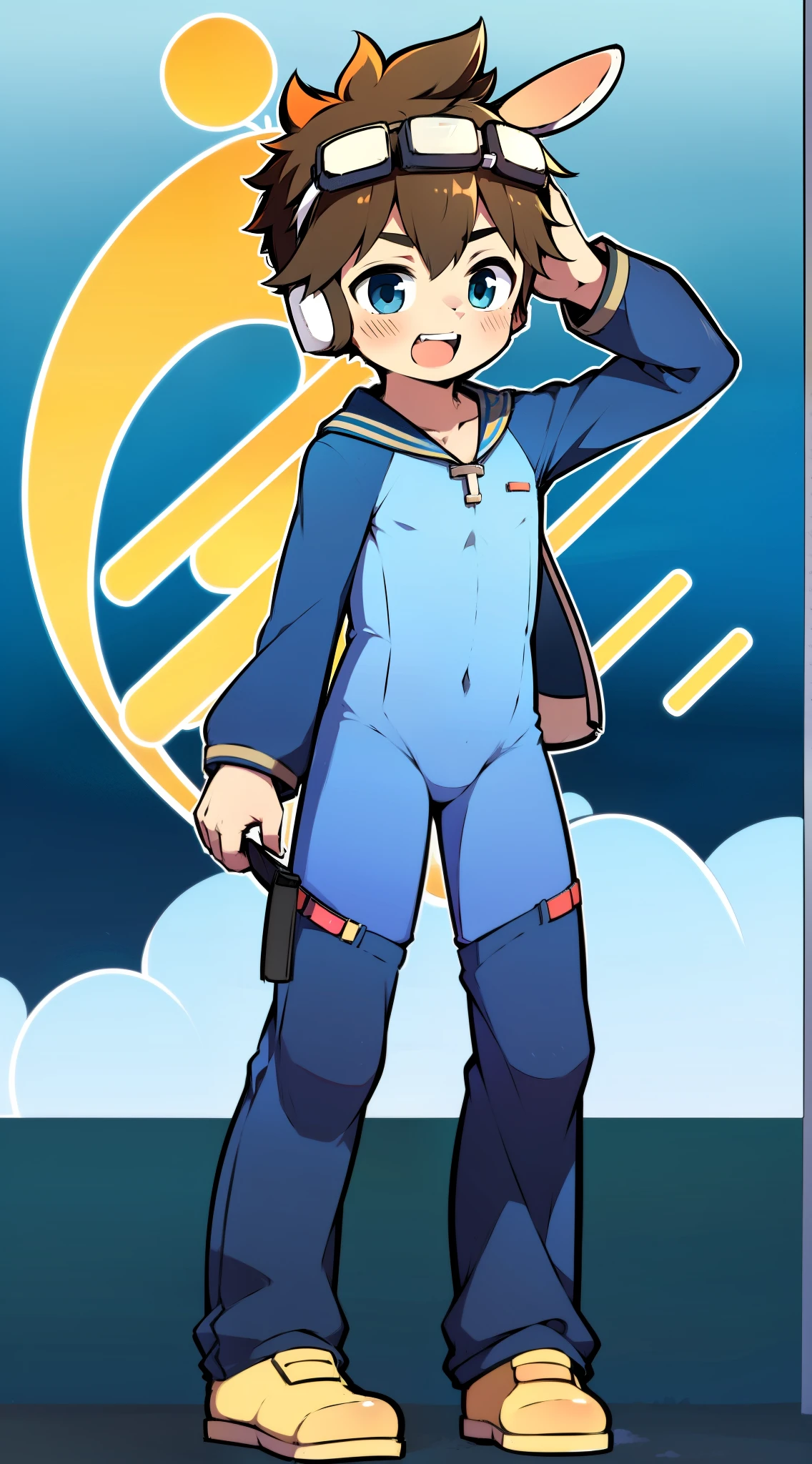 2D Boy Shota,One-piece mountaineering suit,Slim, healthy body,Put the headphones on your head,stand up,goggles,Rabbit ears,happy,sailor collar