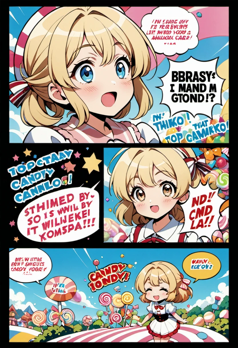 (best quality, highres, ultra sharp), Candy Candy by Toei Animation, detailed art style, vintage aesthetic, emotional melodrama, inspired by Keiko Nagita and Yumiko Igarashi's original manga, in candyland, blond, txt that says "candy - candy " ,
