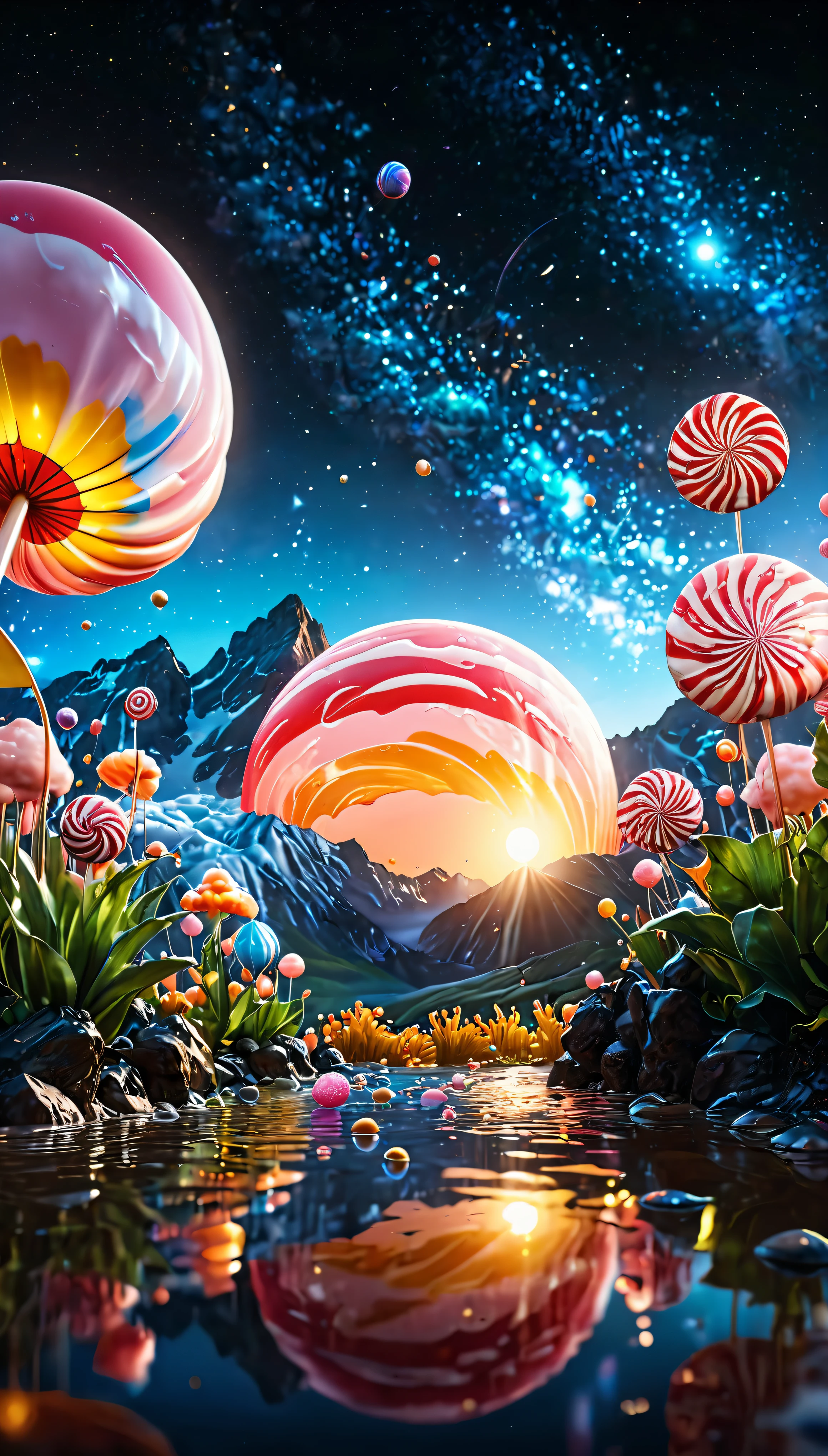 ((Masterpiece in maximum 16K resolution):1.6),((soft_color_photograpy:)1.5), ((Ultra-Detailed):1.4),((Movie-like still images and dynamic angles):1.3), ((Ultra wide angle):1.5),((fisheye lens photo):1.3). | (Cinematic photo of Candyland), (Nearby Lollipop Moons ), (cotton candy vegetations), ((caramel milk ponds):1.1), ((tyndall effect):1.1), ((exotic night sky):1.2), ((sense of bliss):1.1), (shimmer), (visual experience), (Realism), (Realistic), award-winning graphics, dark shot, film grain, extremely detailed, Digital Art, rtx, Unreal Engine, scene concept anti glare effect, All captured with sharp focus.

Rendered in ultra-high definition with UHD and retina quality, this masterpiece ensures super detail. With a focus on high quality and accuracy, this award-winning portrayal captures every nuance in stunning 16k resolution, immersing viewers in its lifelike depiction.

((perfect_composition, perfect_design, perfect_layout, perfect_detail, ultra_detailed)), ((enhance_all, fix_everything)), More Detail, Enhance.