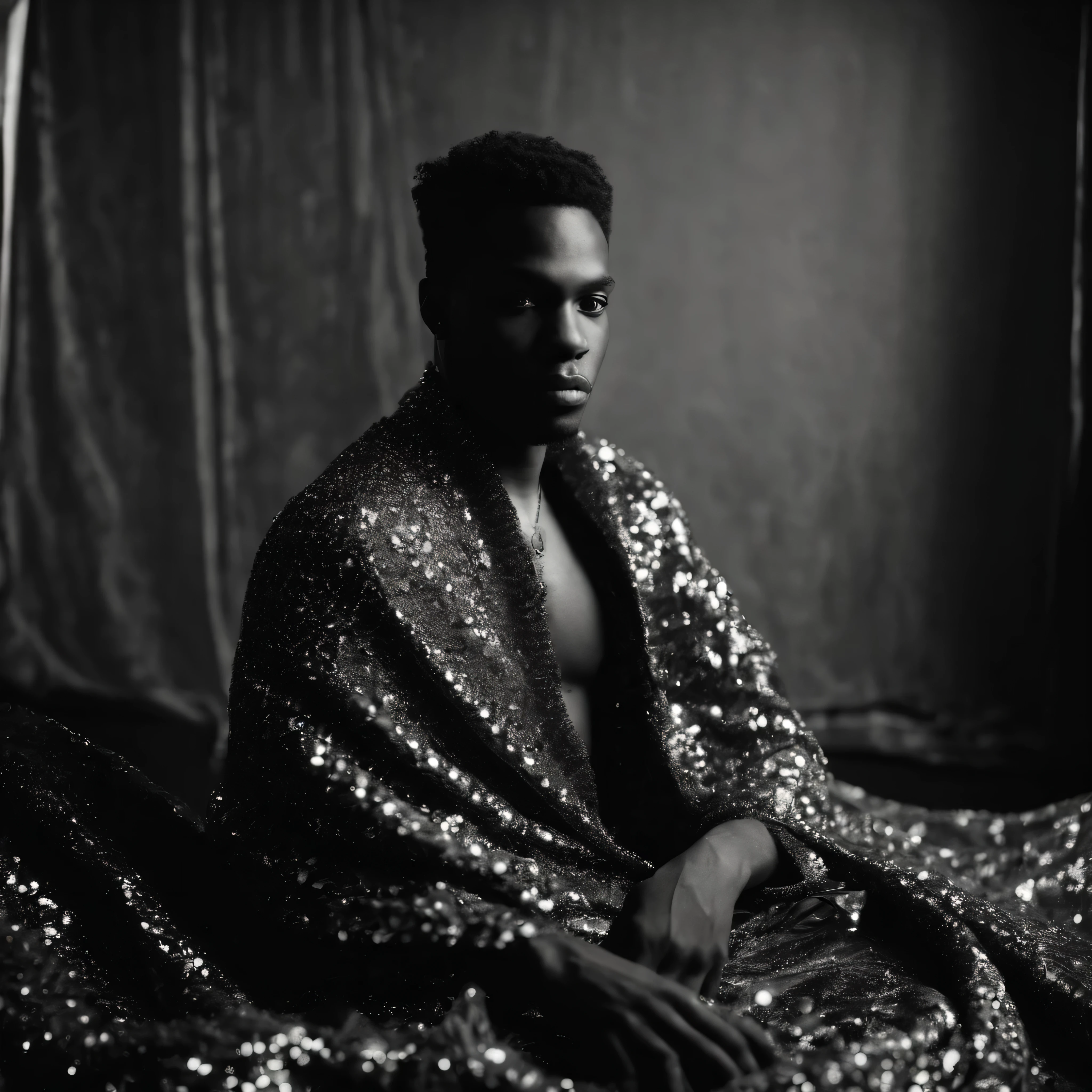 photograph, Burgundy lighting, Ilford HP5, Sad, Fujifilm XT3, Apocalyptic stocky Digital Age, African American young male, 27 years old in a photo studio dressed in an African calico wrapper covered in diamonds, abstract art,black model, Beautifully Lit, Nikon Z9, Frightening, Iphone X, Bloom light, Kodak Ektar, Kodak gold 200, confused, looking around scared