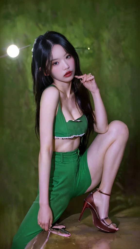 masterpiece , high contrast , Ultra-detailed ,real person , |Asian woman, sweet girl ,Cute expression pack，smoky eyes , clavicle , Crossed posture , cowboy shots,long hair ,blond , High heel,stocking, green clothes ,on the mountain , backlight , High-angle photography to save pictures and paintings are hot sales