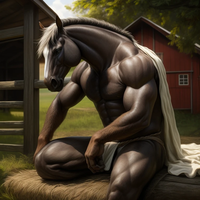 (best quality,4k,8k,highres,masterpiece:1.2),ultra-detailed,(realistic,photorealistic,photo-realistic:1.37), furry, antro, equine, loincloth, hooves, black, white, solo, horse, fundoshi white, bulto macho, farm, fundoshi, detailed, sitting, oil painting, lush greenery, peaceful atmosphere, warm sunlight, rustic wooden fence, traditional farmhouse, serene expression, magnificent mane, muscular physique, realistic eyes, elegant posture