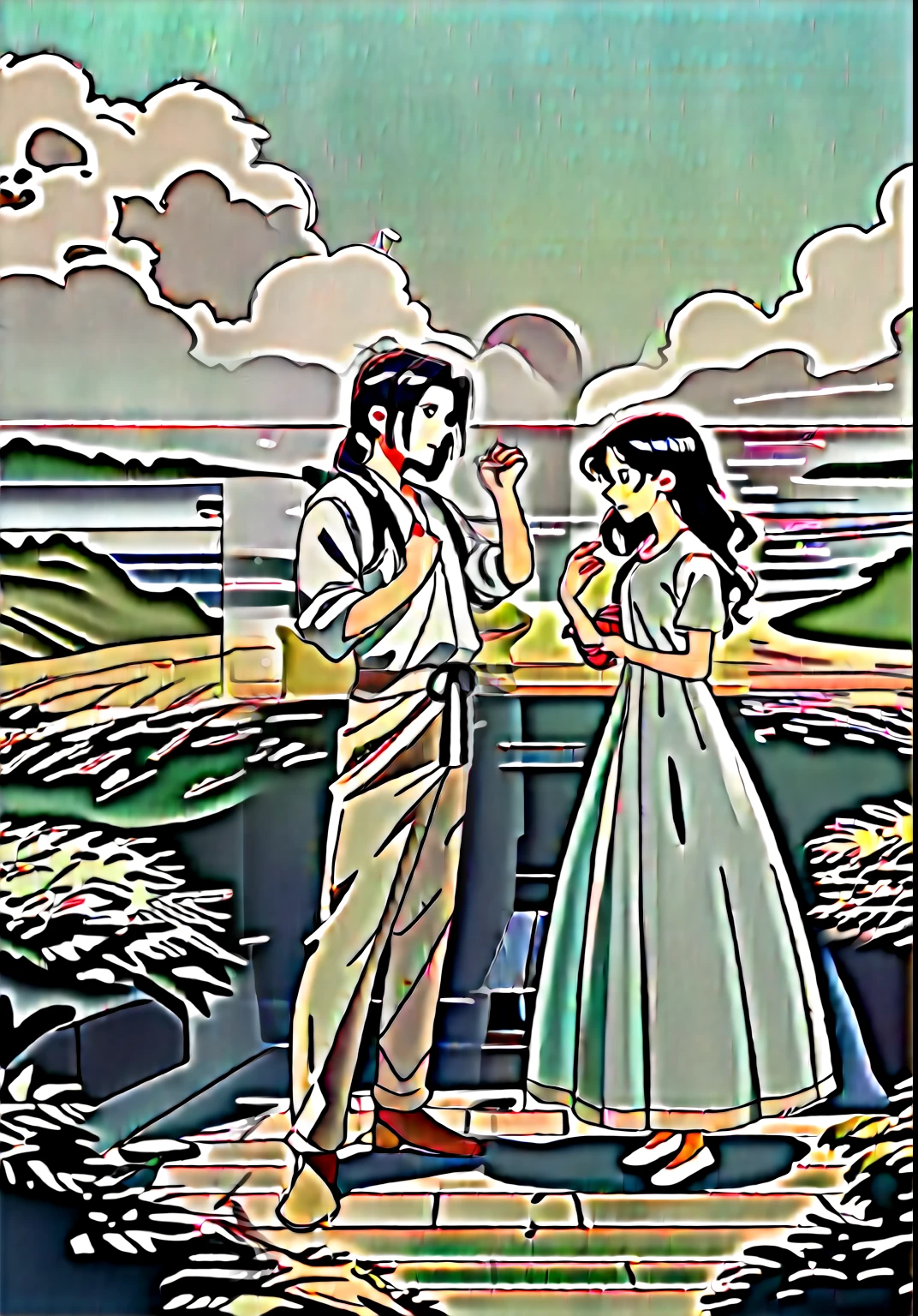 jinshi, long hair, black hair, grey eyes, parted bangs, side view, (full-length image) ,he raised one hand, He stands with his hand raised, ((low ponytail)), solo, linen shirt, rolled up sleeves, straight classic trousers, beige boots, BREAK score_9, score_8_up, score_7_up, score_6_up, anime