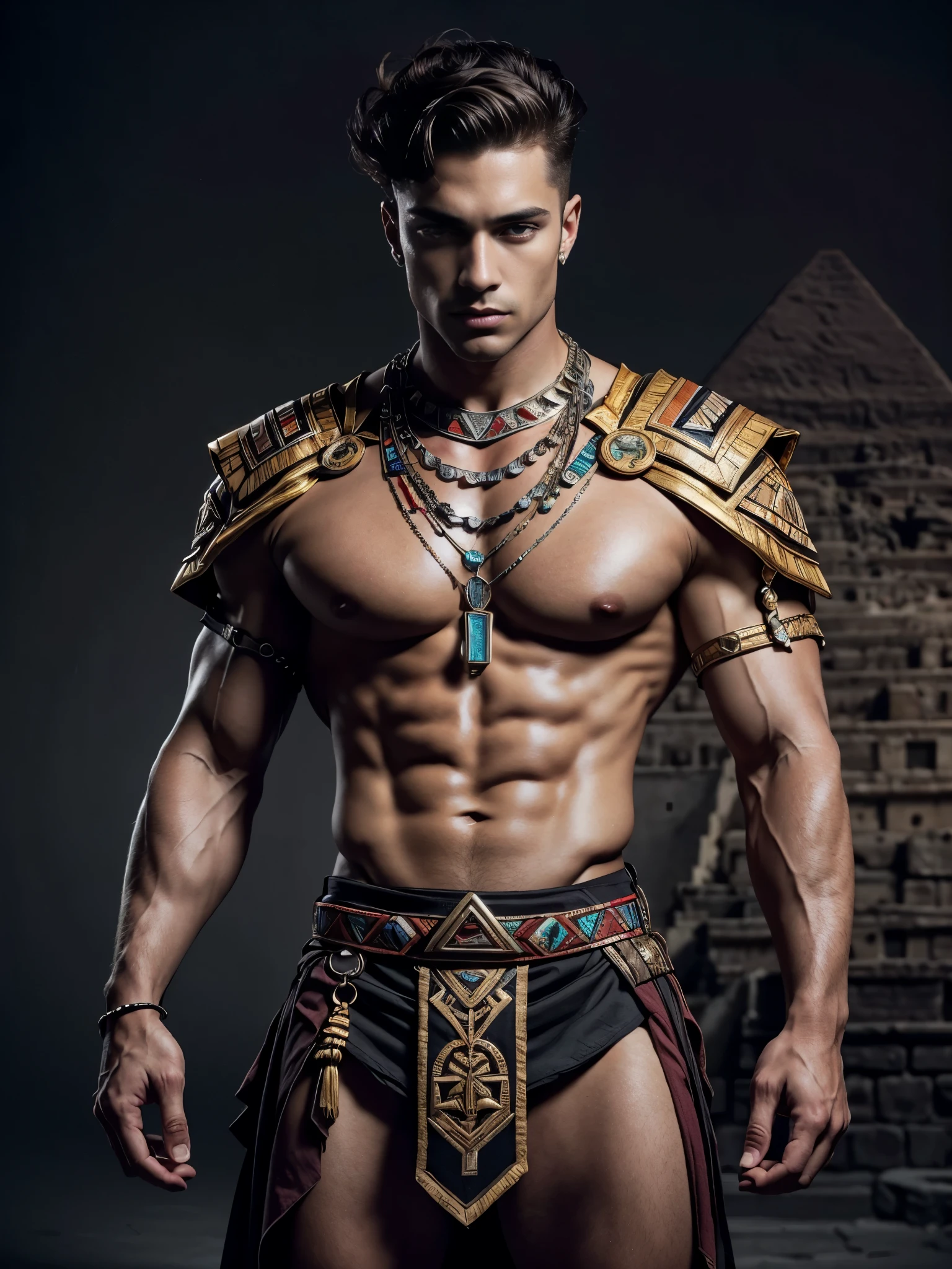 Photorealistic, Mesoamerican guy , ((best quality)), ((masterpiece)), (detailed),masculine portrait of young aztech god prince, 18-year-old male models, handsome, tall, cute looking, evil look, dark look, powerful, young male, handsome model, clean shave, silver eyes. (short curly messy brown hair:1.2), messy curly hair, super strong, muscular, fit, massive muscles, six pack, , barechested, muscle, ripped, strong body, fit body, aztech neckless, aztech loincloth, (aztec draped cloth skirt), aztech garment, aztech pyramid in the background, (Dark background:1.2) (aztec pyramid:1.4), 8k, high detailed, ultra-detailed, Stylish Pose, real skin texture, dark cinematic lighting,
